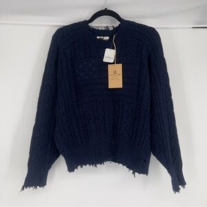 Denimist Montauk Navy Shadow Flag Knit Distressed Crew Pullover Sweater XS NWT